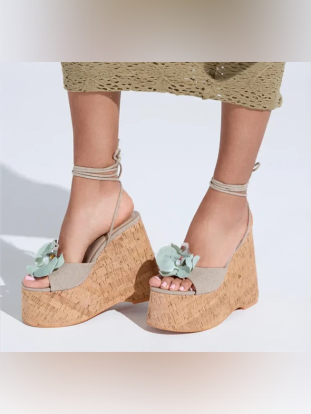 Neutral Cork Platform Wedges with Mint Floral Accent
